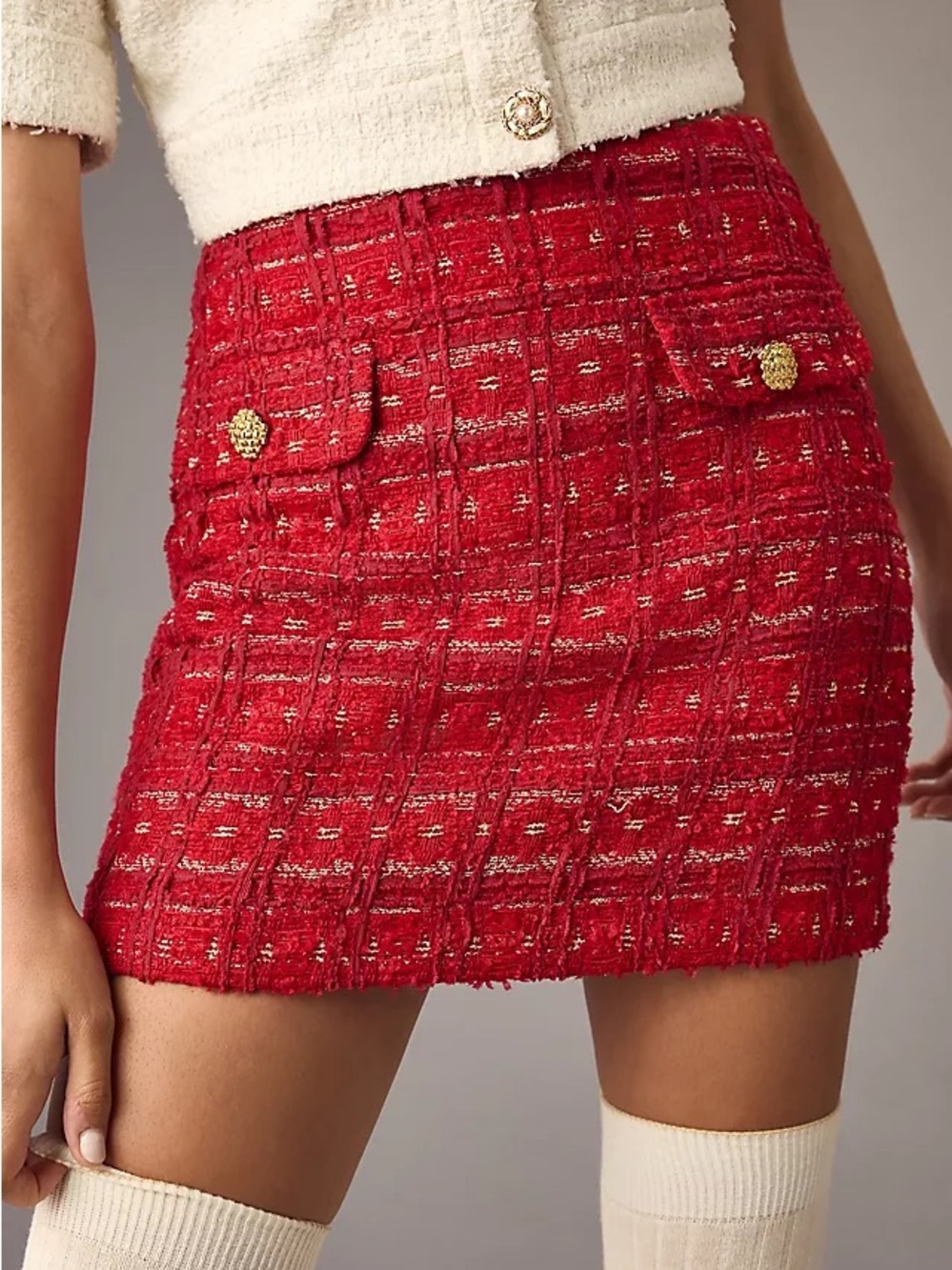 Endless Rose Red Tweed Mini Skirt with Gold Button Pockets